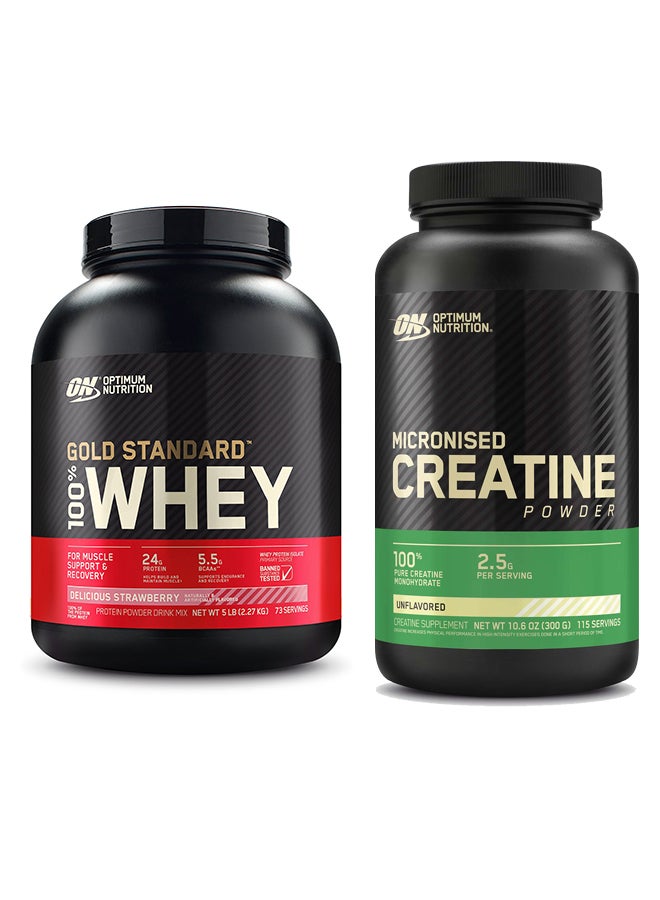 Optimum Nutrition عرض حزمة حصرية - مسحوق بروتين مصل اللبن 100% معيار الذهب 5 رطل (فراولة لذيذة) ومسحوق الكرياتين المجهرية بدون نكهة 300 جرام 115 حصة - Image 1